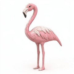 Fototapeta premium A soft pink flamingo, elegantly carved with long, slender legs, standing gracefully on a white background.