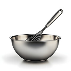 Stainless steel whisk resting in mixing bowl on white background