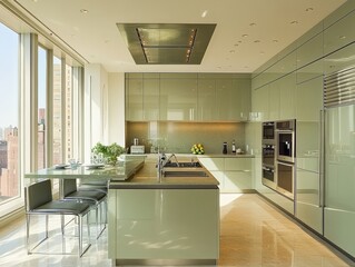 Modern kitchen design in a high rise apartment with city views