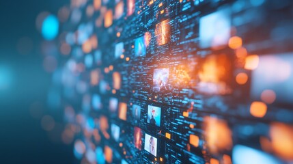 Vibrant digital interface, abstract glowing squares and rectangles in blue, orange and white, emphasizes technology and innovation.