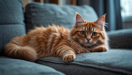 Obraz premium Ginger cat relaxing on comfortable sofa