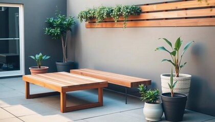 Serene Modern Patio Oasis: Wooden Bench, Coffee Table, and Lush Greenery