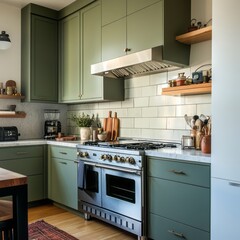 An elegant modern kitchen with olive green cabinets and appliances