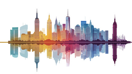 Fototapeta premium A stylized illustration depicting a city skyline with a prominent reflection in calm water. The buildings are depicted in a gradient of warm and cool colors, ranging from yellows and oranges at the