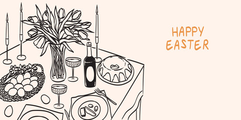 Happy Easter vector ink doodle style illustration. Family dinner with traditional food hand drawn sketch drawing. Festive table with Easter dishes illustration for menu, greeting card, invitation. © KPstudio