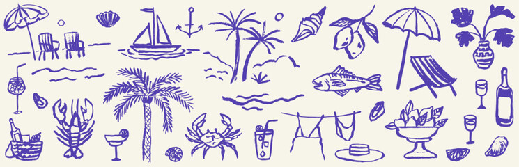 Italian or greek style vacation hand drawn vector illustrations in grunge scribble rough doodle sketch style elements. Lemon, palm tree vacation in chalk charcoal style. Drawings for poster, placard.
