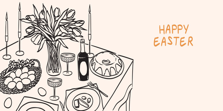 Happy Easter vector ink doodle style illustration. Family dinner with traditional food hand drawn sketch drawing. Festive table with Easter dishes illustration for menu, greeting card, invitation.