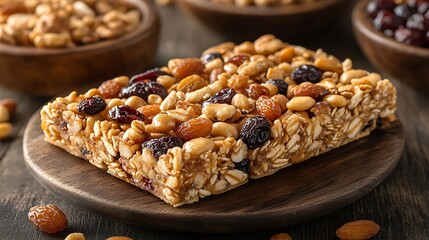Homemade granola bar with nuts and dried fruits.