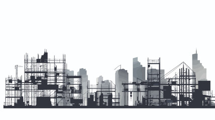 The image is a monochrome illustration depicting a cityscape skyline under construction.  The style is a silhouette, using shades of gray and black against a white background.  Various buildings of