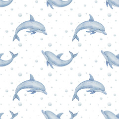 Watercolor seamless Pattern with Dolphins and Bubbles in soft pastel blue tones. illustration of nautical background for baby textiles, wrapping paper, and ocean designs. Ornament with big fish.