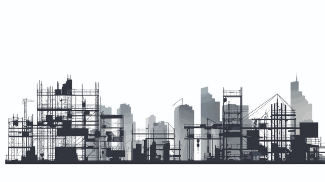 The image is a monochrome illustration depicting a cityscape skyline under construction.  The style is a silhouette, using shades of gray and black against a white background.  Various buildings of