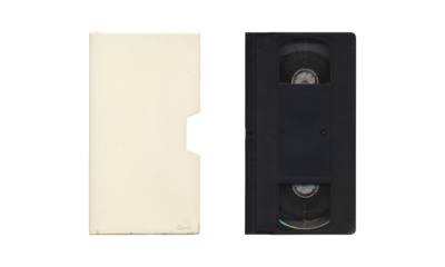 Empty cover sleeve and VHS videocassette, front sides, mockup in transparent background