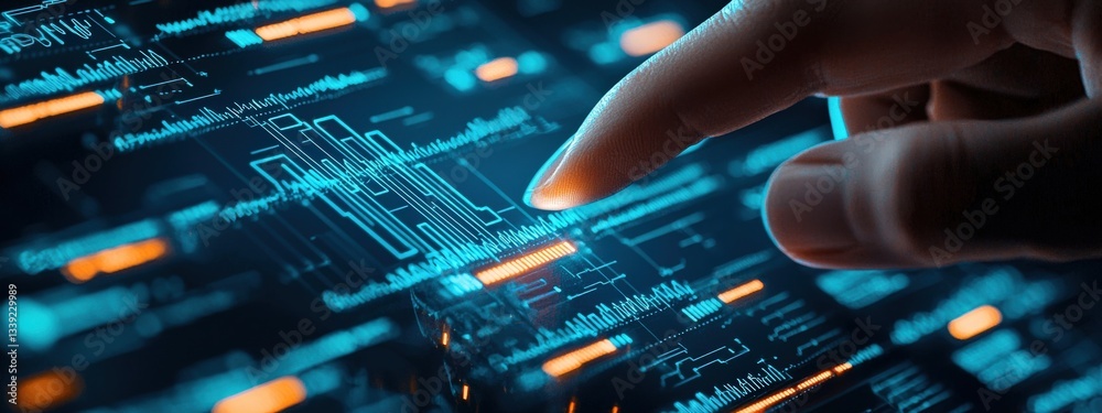 Poster finger touching digital interface with data visualization elements