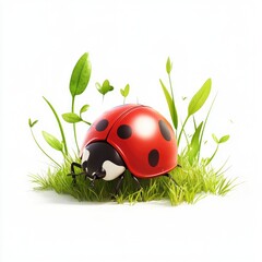 Naklejka premium Cute cartoon ladybug on green grass with fresh leaves around it