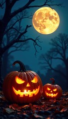 Carved pumpkins glow eerily under a full moon , harvest, design