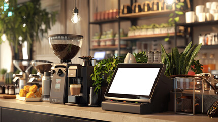 Cozy and Inviting Cafe Counter with Various Coffee Brewing Equipment Syrups and Greenery Decor Elements Providing a Welcoming Workspace for Morning Routine and Business