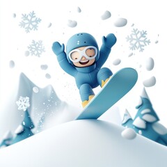 Happy Cartoon Character Snowboarding in Winter Wonderland Scene