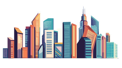 A stylized illustration depicting a modern city skyline. The image showcases a row of diverse skyscrapers in varying heights, shapes, and color palettes.  The style is vector-based, with a flat,