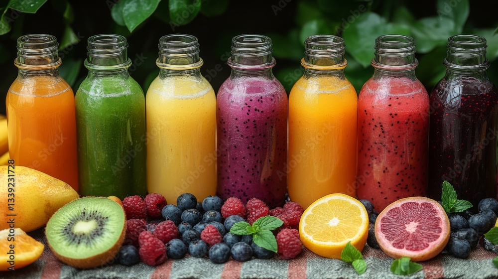 Poster seven glass bottles filled with different fruit juices sit side by side on a stone surface. surround