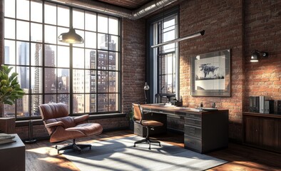 An office interior with city views and an industrial design