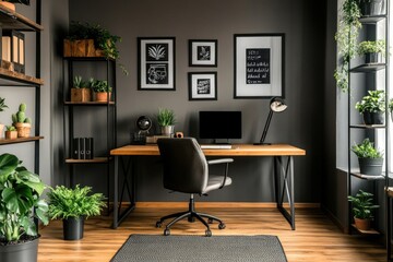A stylish home office with plants and contemporary furnishings