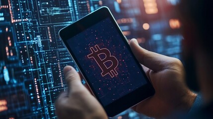 Person holding smartphone displaying Bitcoin symbol, representing modern cryptocurrency technology and digital financial transactions in a high-tech environment.