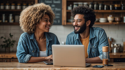 Smiling couple working on laptop in a modern cafe