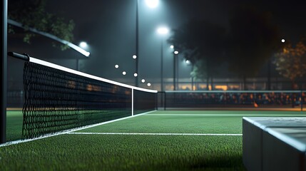 Fototapeta premium Nighttime Tennis Court Illuminated Under Lights