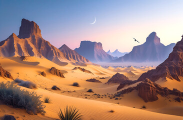 Naklejka premium Surreal Desert Landscape at Dawn Majestic Mountains, Golden Sands, and Ethereal Morning Light