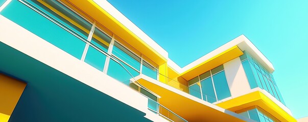 Obraz premium Blue and yellow building, modern architecture, blue sky, perspective view