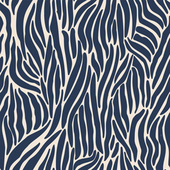 Navy and white zebra stripe pattern creates a dynamic, flowing composition reminiscent of natural textures. Perfect for fashion, interior design, or artistic backgrounds and textiles.