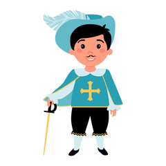 Boy dressed in a musketeer costume and holding a sword in his hands.