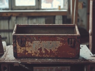 Rustic metal box with peeling paint sits on a dusty surface, embodying the beauty of decay in a softly lit, forgotten room.