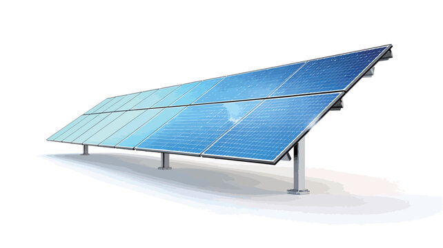 A digital rendering of a solar panel array. The array consists of multiple rectangular blue solar panels mounted on a metal frame. The panels are angled upward, suggesting they are designed to