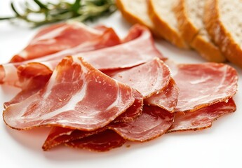 Obraz premium Thinly Sliced Gourmet Meat on a Platter Next to Fresh Bread and Green Herbs, Perfect for Charcuterie Board or Special Occasion Serving