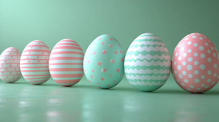 Row of Pastel Colored Easter Eggs with various decorative patterns, set against a green background