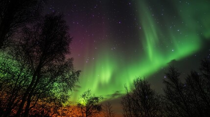 Fototapeta premium The night sky ablaze with green and violet aurora