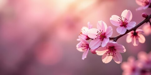 Naklejka premium Delicate pink blossoms, soft spring light, blurred background, season, cherry, floral design