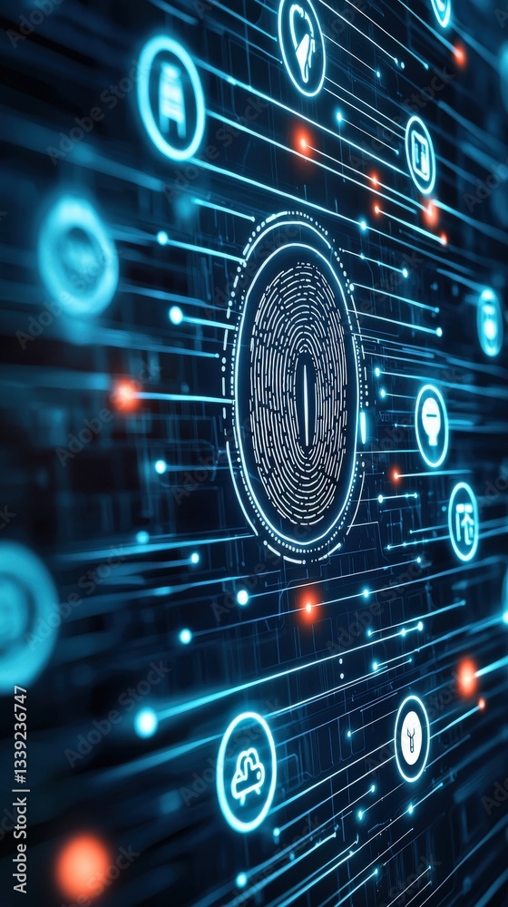 Poster digital security concept with fingerprint and network data visualization