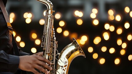 Obraz premium Jazz Musician Playing Saxophone with Blurred Lights Background