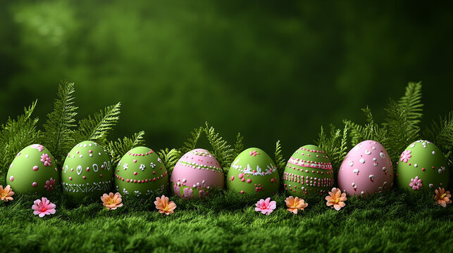 Vibrantly decorated Easter eggs  Arranged on Green Background with Flowers