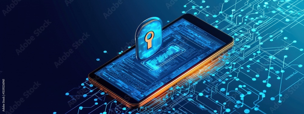 Poster secure mobile device with digital lock and circuit background