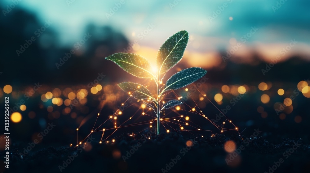 Poster a young plant emerges from dark soil, illuminated by soft sunlight at dusk. the surrounding environm