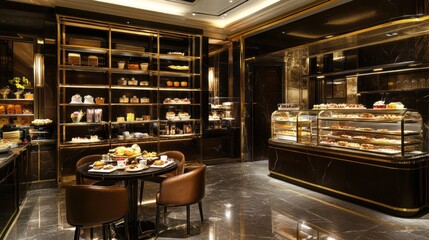 Luxurious pastry shop interior, elegant display, fine dining, hotel cafe