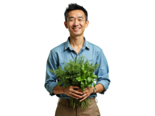 Diverse people advertisement headshot: A smiling Asian man holds a bunch of fresh basil in his hands against a plain white background.