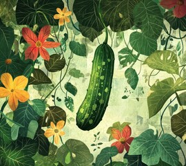 Vibrant Green Cucumber Surrounded by Lush Green Leaves and Colorful Blossoms in a Serene Garden Setting
