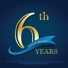 6th years anniversary celebration emblem. elegance golden anniversary logo isolated with blue ribbon on dark blue background, vector illustration template design for celebration greeting card	
