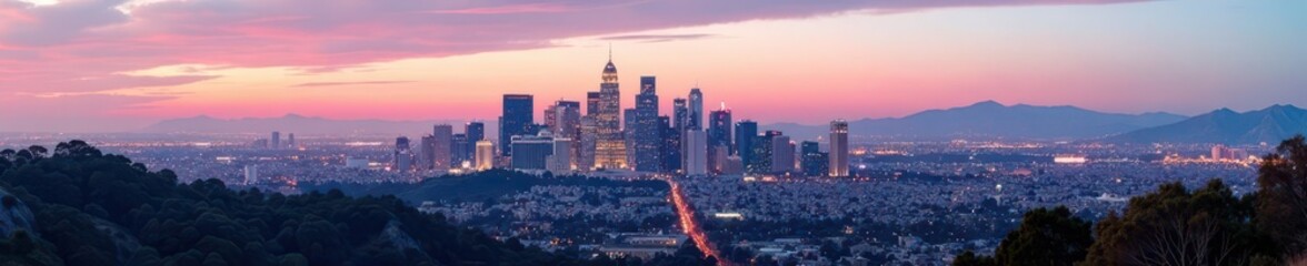 Panoramic view of Los Angeles skyline, day time, city, urban, bright