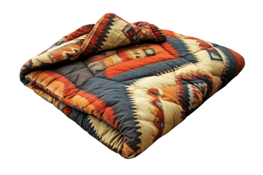 Folded patterned quilt with geometric designs in warm colors on Isolated on white transparent background - Powered by Adobe