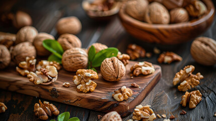 Obraz premium Fresh walnuts on wooden board with green leaves, showcasing their natural texture and color. Perfect for healthy snacks and recipes